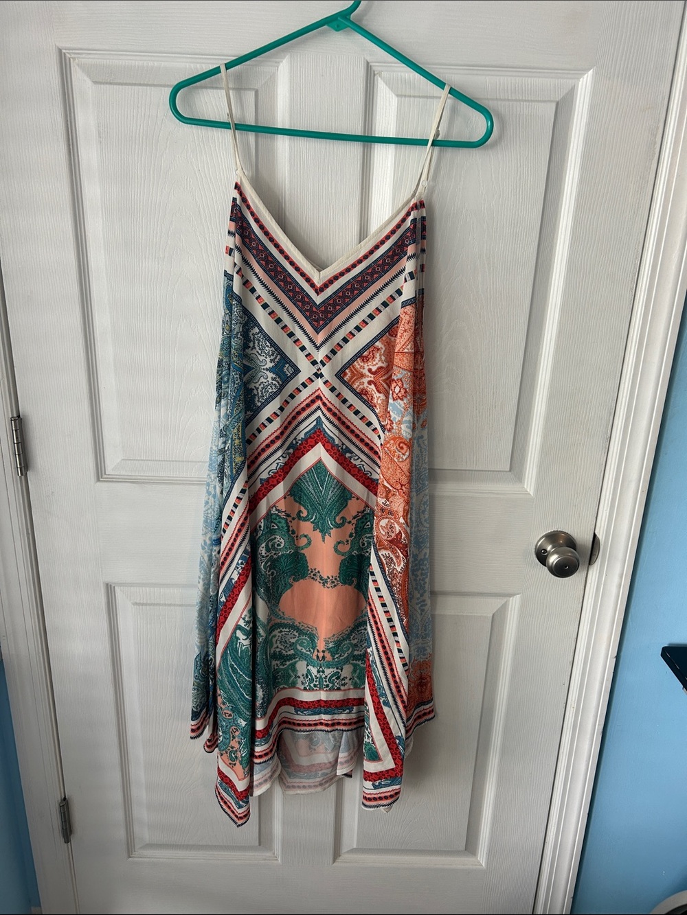Jealous Tomato Teal & Peach Asymmetrical Spaghetti-Strap Dress